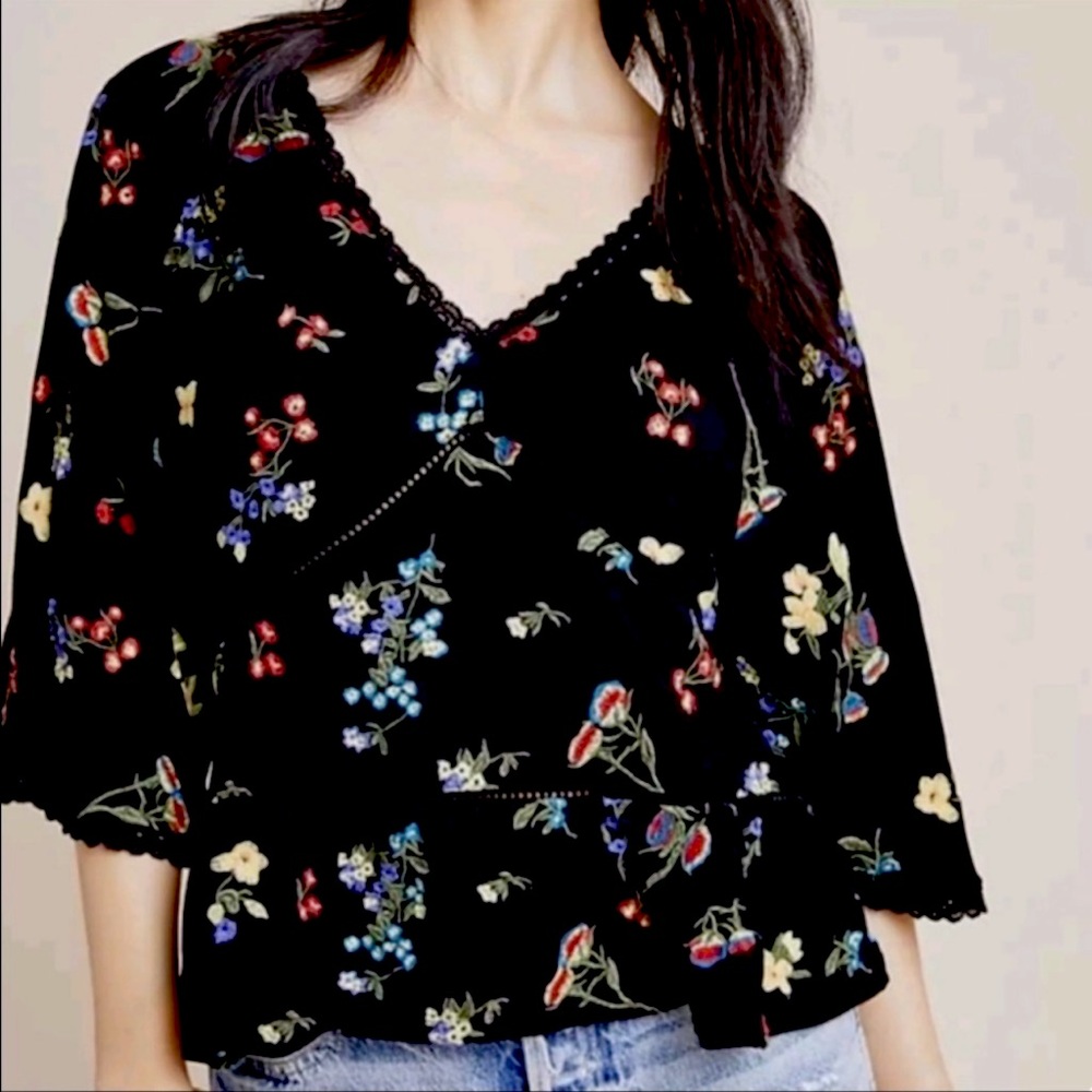 Anthropologie By Anthro Parvati Floral Embroidered Boho Lace Crochet Top